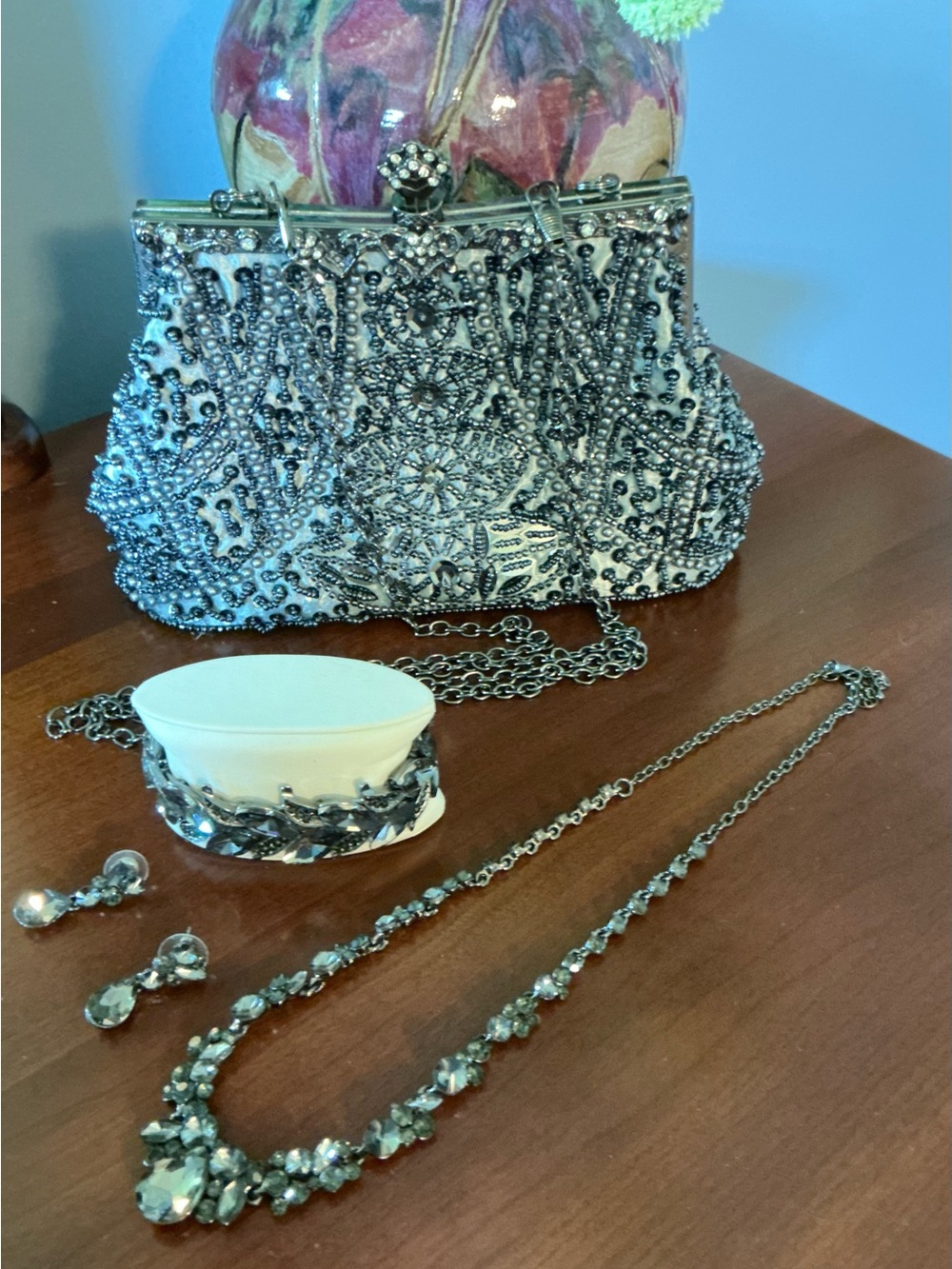 Charcoal Black Crystal Necklace, Earrings, Stretch Bracelet and Clutch Purse Set